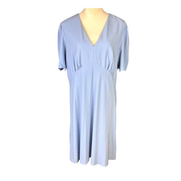 Adrianna Papell Blue Short Puff Sleeve V Neck Zip Closure Sheath Midi Dress - Picture 1 of 12